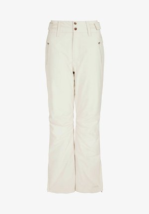 Beige Schneehosen mit geradem Schnitt, Druckknopfverschlüssen, Seitentaschen und Reißverschlüssen an den Säumen für eine verstellbare Passform.