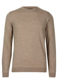 Béžový pletený svetr s kulatým výstřihem, dlouhými rukávy a žebrovanými manžetami. Měkká textura s jemným, konzistentním vzorem po celém svetr.