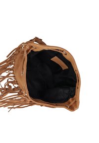 Borsa in suede con frange di colore marrone chiaro, con interno in tessuto nero. Presenta bordi incrociati e accessori in argento. Design con apertura superiore.