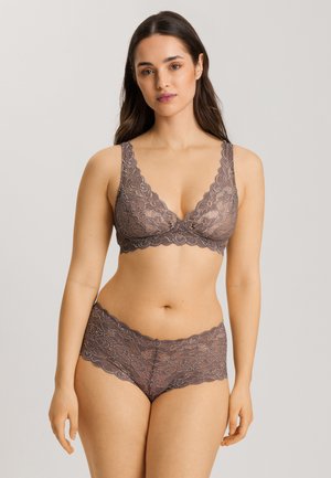 Lace bra and short set in muted brown, featuring scalloped edges, intricate floral patterns, and seamless design for comfort.