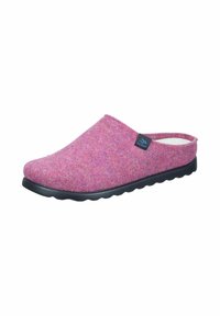 Pink felt slip-on clogs with a textured surface, rounded toe, and a black rubber sole featuring a wavy pattern. Lightweight and casual design.