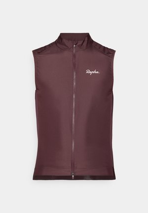 Γιλέκο ποδηλασίας χωρίς μανίκια Rapha σε σκούρο μπορντό, κατασκευασμένο από ελαφρύ ύφασμα με φερμουάρ μπροστά και εφαρμοστή σχεδίαση.