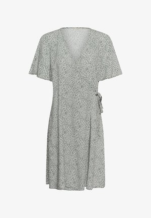 Sukienka o długości do kolan w stylu kopertowym z krótkimi falbanowymi rękawami, jasnoszara tkanina z małym białym kwiatowym wzorem, wiązana w talii.
