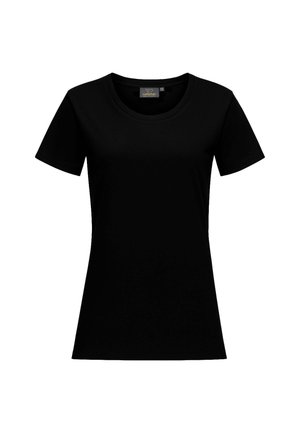 T-shirt nero a maniche corte realizzato in cotone morbido. Presenta un collo rotondo e un design aderente con un colore base solido e senza motivi.
