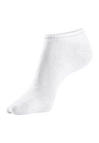 White ankle sock made of knit fabric. Features a ribbed cuff and a smooth texture with a reinforced heel and toe. Minimalist design.
