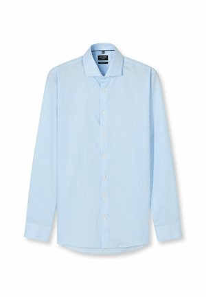 Himmelblaues Langarmhemd mit weißen vertikalen Streifen, Button-Down-Kragen und abgerundetem Saum. Verfügt über weiße Knöpfe entlang der Vorderseite.