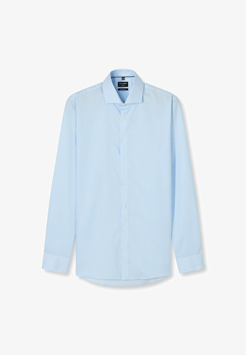 Himmelblaues Langarmhemd mit weißen vertikalen Streifen, Button-Down-Kragen und abgerundetem Saum. Verfügt über weiße Knöpfe entlang der Vorderseite.