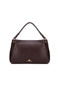 Bruine leren handtas met een geweven strap, gouden hardware-accenten en een geperst merkembleem aan de onderkant. Glad textuur, gestructureerd ontwerp.