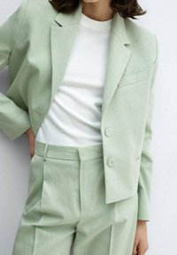 Blazer vert clair ajusté avec un bouton unique, associé à un pantalon taille haute. Les tissus sont texturés et la tenue comprend un haut blanc.