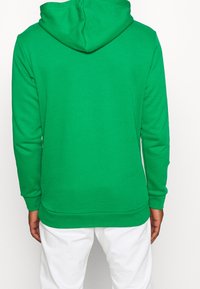 Zelená mikina s kapucí a měkkou texturou, s kapucí, dlouhými rukávy a žebrovaným lemem. Záda jsou hladká a bez ozdob.