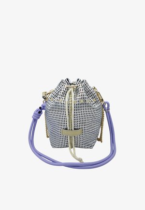 Petit sac à cordon argenté et noir à carreaux avec des finitions dorées et une longue bandoulière violet clair.