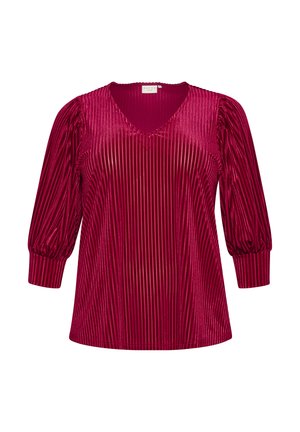V-hals, langarm shirt in heldere fuchsia met verticale plooien, gathered mouwen en een ontspannen pasvorm. Zachte, gestructureerde stof.