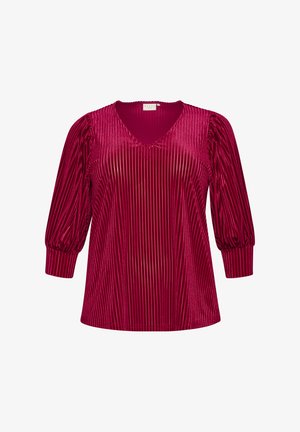 V-neck, long-sleeved top in bright fuchsia with vertical pleats, gathered sleeves, and a relaxed fit. Soft, textured fabric.