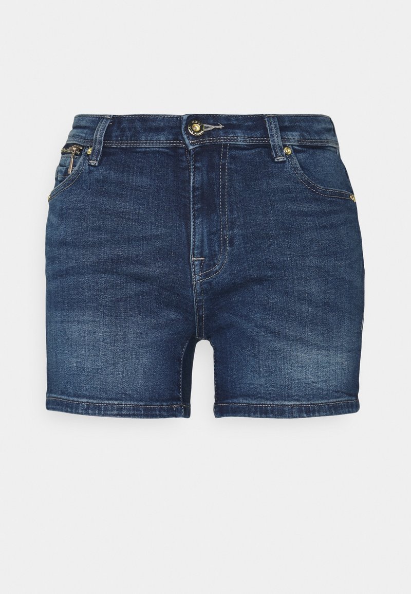 Tummansiniset farkkushortsit, joissa on edessä nappi- ja vetoketjukiinnitys, kaksi etutaskua kultaisilla niiteillä sekä vyölenkit.