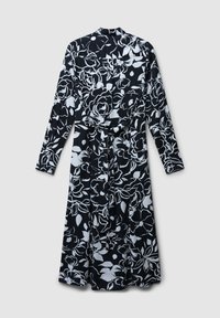 Schwarzes und weißes Blumenkleid mit langen Ärmeln, Wickeldesign und einem Gürtel. Verfügt über einen Kragen und sichtbare Knöpfe, strukturiertes Material.