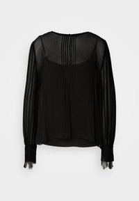 Sorte chiffonbluse med gennemskinnelige lange ærmer, plisseret kjole og blonde-manchetter. Rund halsudskæring med knaplukning i ryggen.