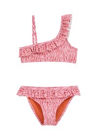 Maillot de bain deux pièces rayé rose en zèbre avec volants sur le haut à une épaule et bas taille haute, doublé de tissu orange.