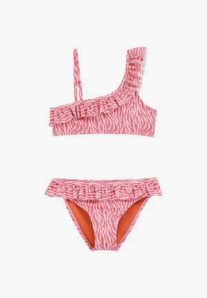 Rožinė zebra dryžuota dviejų dalių maudymosi kostiumėlis su volantais ant vienos peties viršaus ir aukštai nebent apačia, pamušta oranžine medžiaga.