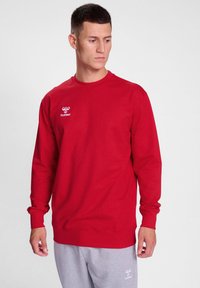 Czerwona bluza z długim rękawem wykonana z mieszanki bawełny, z okrągłym dekoltem i haftowanym logo na lewej klatce piersiowej. Model ma na sobie szare spodnie.