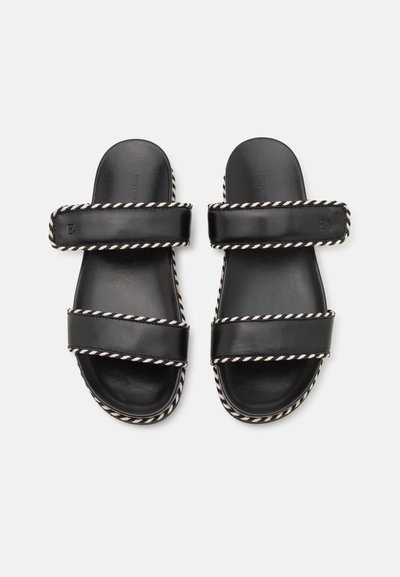 Black leather slide sandals with two wide straps, featuring a twisted rope accent along the edges for added texture and design detail.