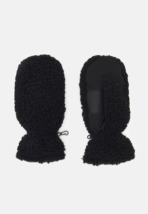Paire de moufles noires en peluche avec une prise texturée sur la paume, pouce séparé des doigts, et poignets élastiques munis de fermoirs à clip.