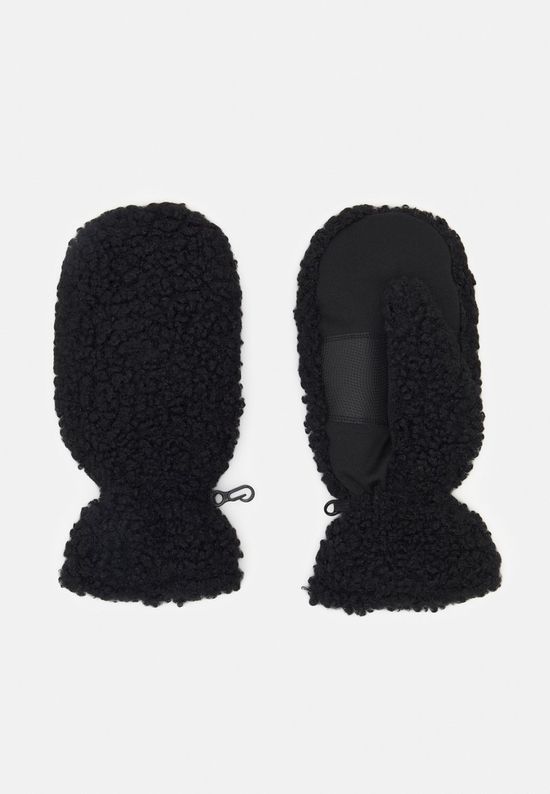 Paire de moufles noires en peluche avec une prise texturée sur la paume, pouce séparé des doigts, et poignets élastiques munis de fermoirs à clip.