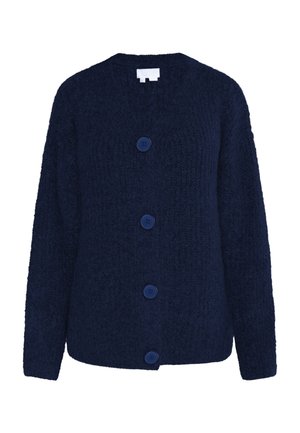 Mørkeblå strikket cardigan med V-udskæring, lange ærmer og fem blå knapper foran. Blød tekstur og afslappet pasform.