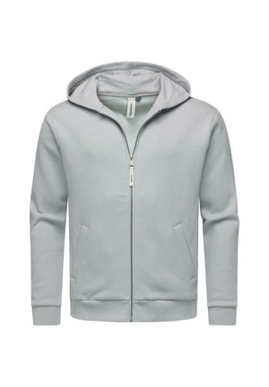 Light gray zip-up hoodie with a hood, long sleeves, two side pockets, and ribbed cuffs. Made of soft fabric, featuring a minimalist design.
