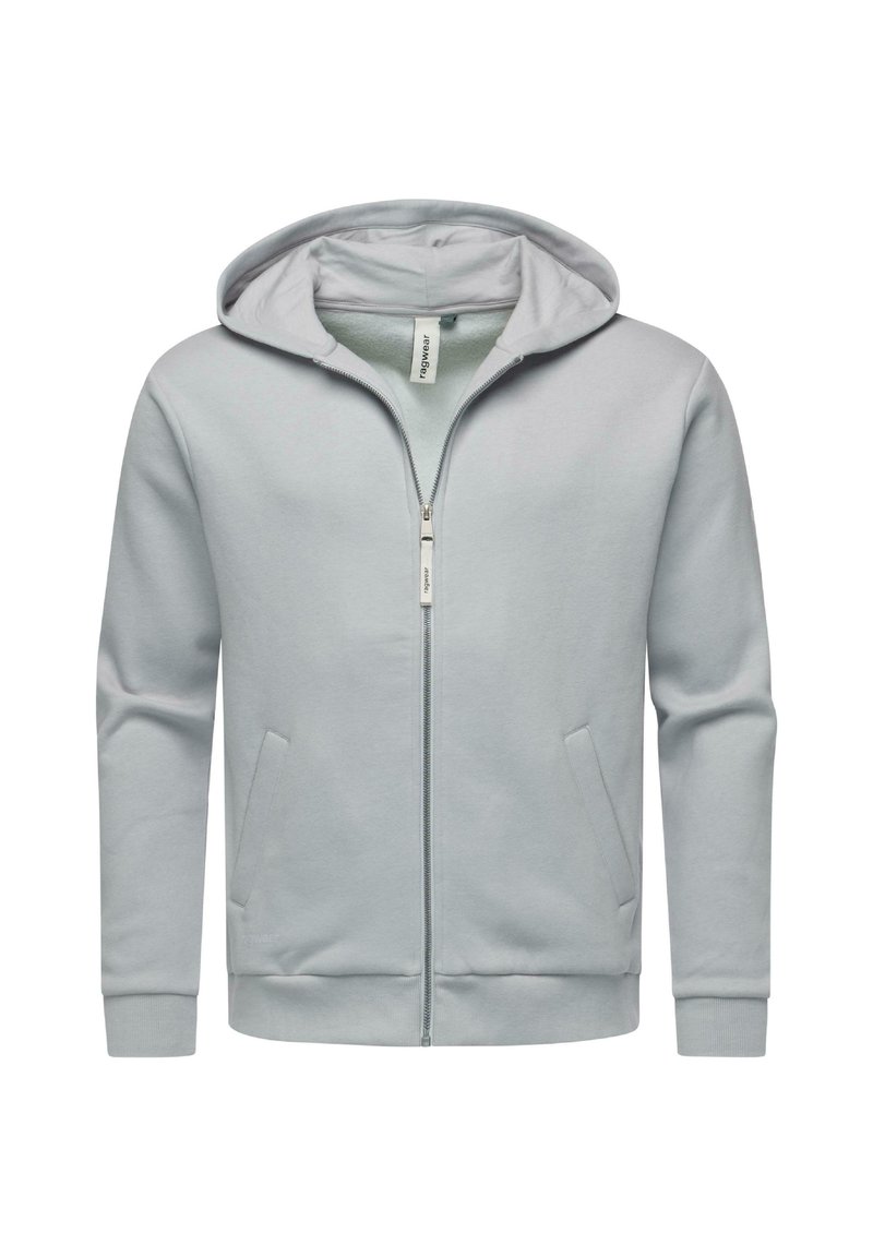 Lys grå zip-up hoodie med hætte, lange ærmer, to sidelommer og ribbede manchetter. Fremstillet af blødt stof med et minimalistisk design.