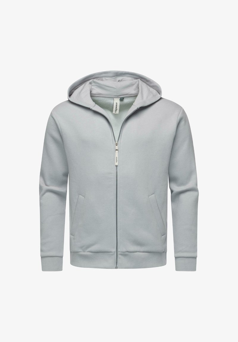 Lys grå zip-up hoodie med hætte, lange ærmer, to sidelommer og ribbede manchetter. Fremstillet af blødt stof med et minimalistisk design.