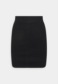 Svart denimkjol med en figurnära passform, hög midja och minimalistisk design. Har en slät yta och subtila sömmar längs nederkanten.