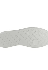 Suola di scarpa in gomma bianca con una superficie testurizzata caratterizzata da un motivo a diamante, accenti circolari e logo stampato "ECCO" insieme alla taglia 39.
