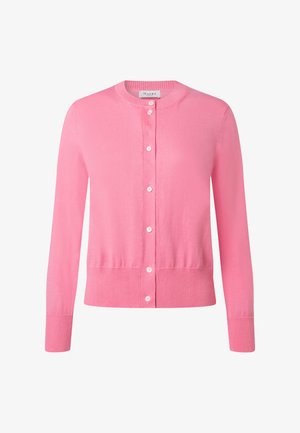 Różowy rozpinany kardigan z długim rękawem, ściągaczami na mankietach i dole, okrągłym dekoltem oraz siedmioma białymi guzikami z przodu.