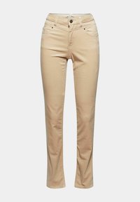 Jean beige slim-fit avec fermeture bouton et zip devant, passants de ceinture, poches avant et arrière sur un fond gris clair.