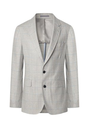 Lichtgrijze blazer van gestructureerde stof met een geruite print in donkergrijs en blauw, met twee knopen en een enkele borstzak.