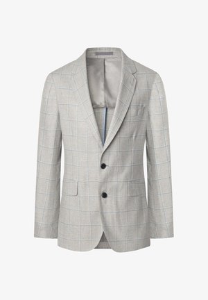 Blazer gris claro hecho de un tejido texturizado con un patrón de cuadros en gris oscuro y azul, con dos botones y un solo bolsillo en el pecho.