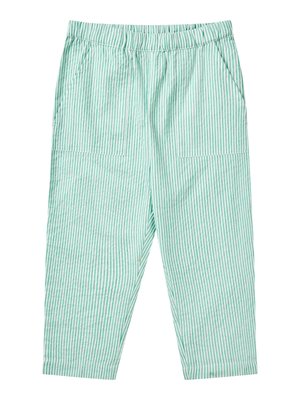 Hellgrüne und weiße, vertikal gestreifte Hosen mit elastischem Bund, vorderen aufgesetzten Taschen und geraden Beinen.