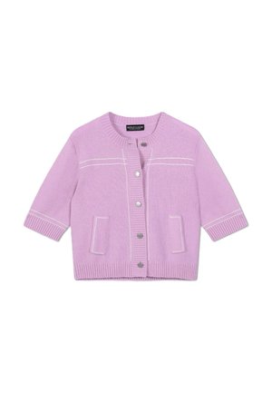 Lila kort vest met driekwart mouwen, witte stikseldetails, knoopsluiting aan de voorkant en twee steekzakken.