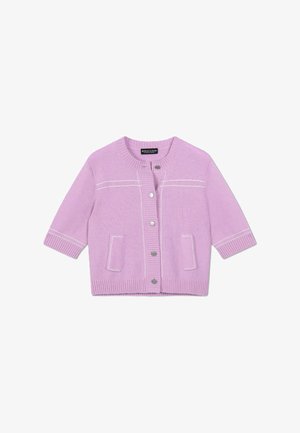 Lila kort vest met driekwart mouwen, witte stikseldetails, knoopsluiting aan de voorkant en twee steekzakken.