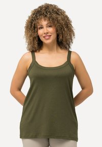 Olive green tank top made of soft fabric, featuring wide straps, a rounded neckline, and relaxed fit, with a smooth texture and no patterns.