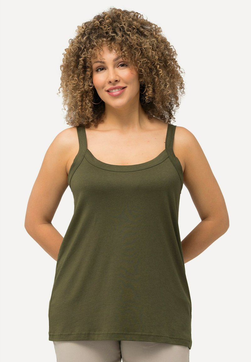 Olive green tank top made of soft fabric, featuring wide straps, a rounded neckline, and relaxed fit, with a smooth texture and no patterns.