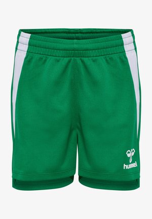 Zielone szorty sportowe wykonane z teksturowanej tkaniny, z białymi paskami po bokach i logo. Elastyczny pas dla pewnego dopasowania.