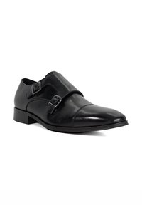 Black leather dress shoe with double buckle straps, rounded toe, smooth texture, and a low heel. Features a sleek, polished finish.