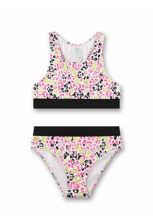 Maillot de bain deux pièces pour filles avec imprimé léopard rose, noir et lime et bandes élastiques noires unies en haut et en bas.