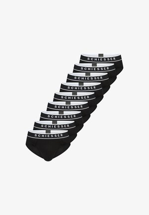 Zwarte katoenen slips met witte elastische tailleband met daarop het "SCHIESSER"-logo; acht paar op een rij gelegd, naadloos ontwerp, gladde textuur.