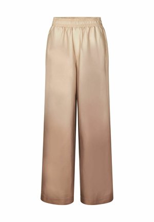 Pantaloni beige in satin a gamba larga con vita elastica. Tessuto liscio, design fluido, che passa da tonalità chiare a tonalità più scure all'orlo.