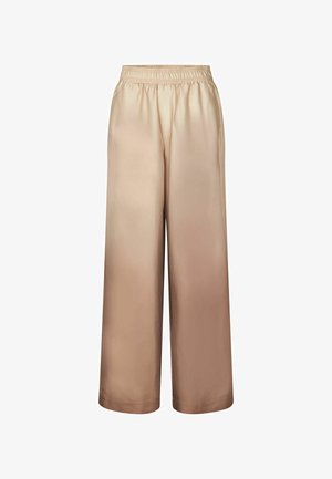 Beige satijnen wijde broek met een elastische tailleband. Soepele textuur, vloeiende ontwerpen, die overgaan van lichte naar donkere tinten bij de zoom.