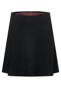 Falda negra de campana con un patrón texturizado. Presenta una cinturilla lisa y un forro rojo en contraste visible en el borde superior.