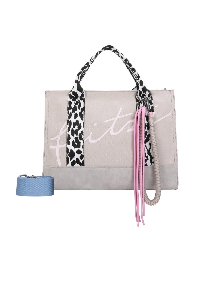 Gray canvas tote bag with leopard print handles, a pink logo, and colored tassels. Includes a detachable blue strap. Soft texture.