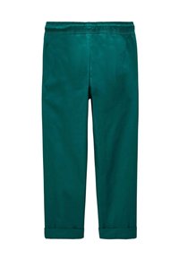 Pantalons en coton vert d'eau avec une taille élastique, coupe droite et ourlets roulés. Texture lisse avec une couleur unie et des détails minimaux.